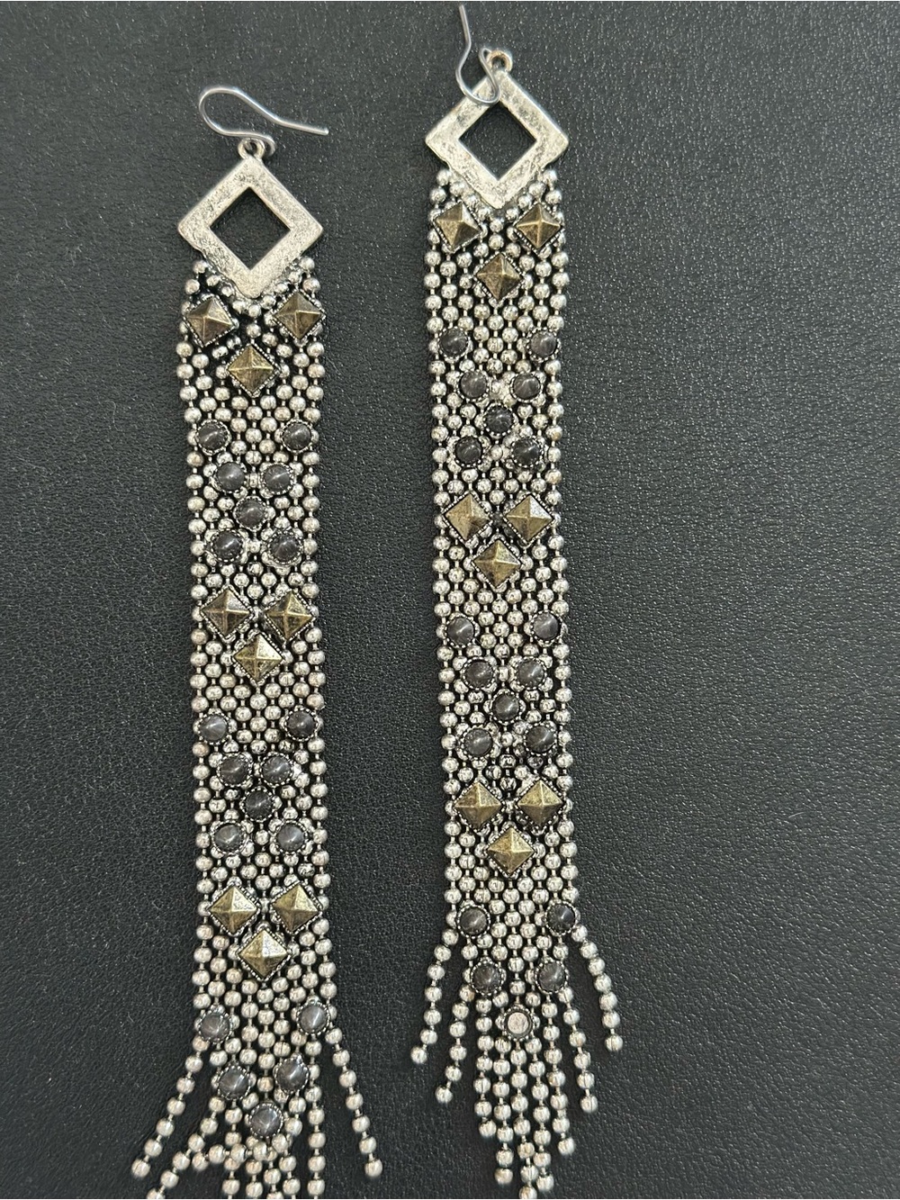 Silver and Gunmetal Beaded Fringe Drop Earrings